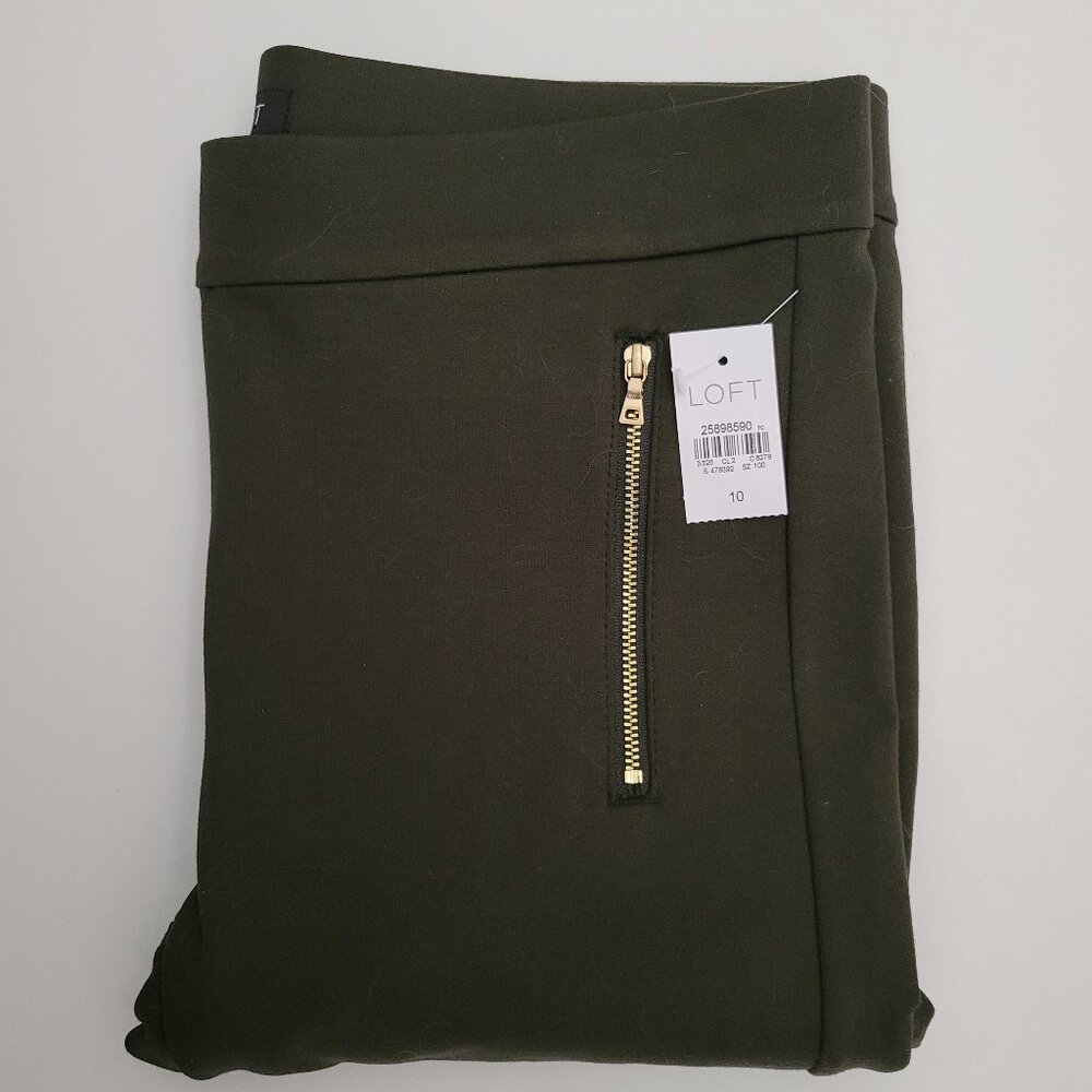 Loft Ankle Pants Womens 10 Olive Green Slim Skinny Leg Knit Gold Hardware Zipper